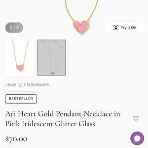 Kendra Scott Ari Heart Gold Pendant Necklace in Pink Iridescent Glitter Glass